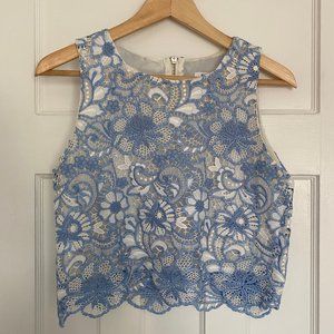 Sleeveless Embroidered Crop Top, Blue & White - Size S